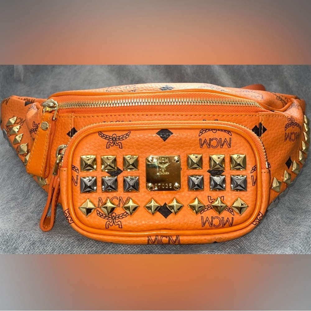 🔥 MCM SIGNATURE BRIGHT ORANGE FANNY PACK WAIST BUM BAG RARE EUC
